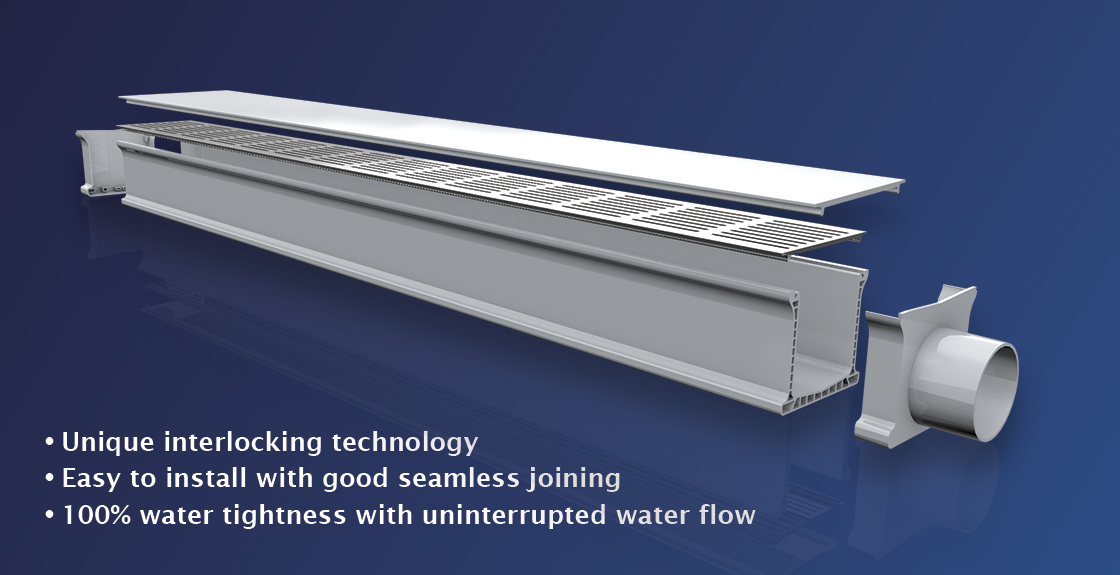 UDP100. Unique interlocking technology. Easy to install with good seamless joining. 100% water tightness with uninterrupted water flow.