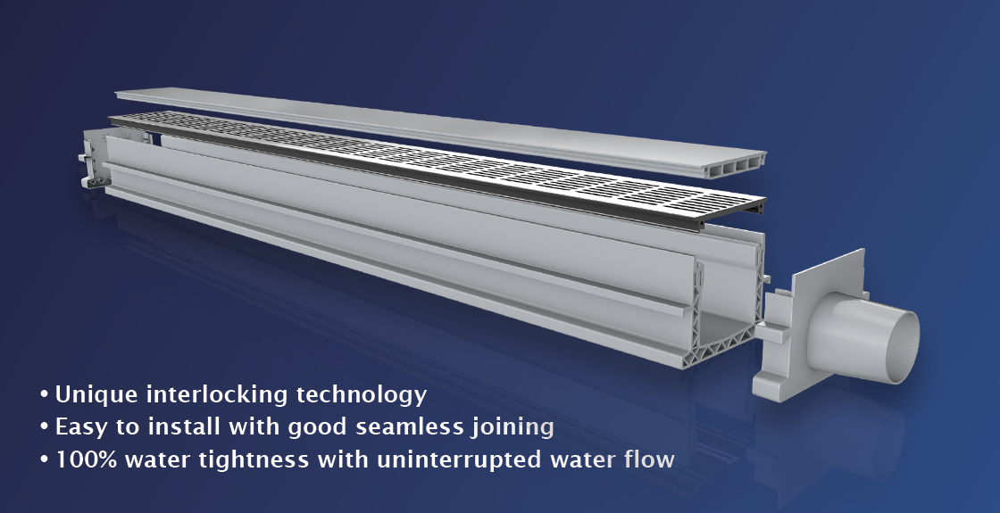 UDP130. Unique interlocking technology. Easy to install with good seamless joining. 100% water tightness with uninterrupted water flow.