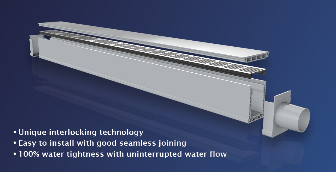 UDP75. Unique interlocking technology. Easy to install with good seamless joining. 100% water tightness with uninterrupted water flow.